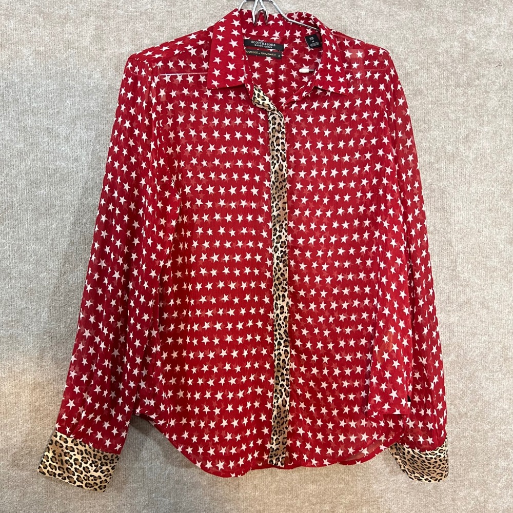 Scotch & Soda Maison Scotch Blouse Womens M Red Star Print Leopard Trim Sheer